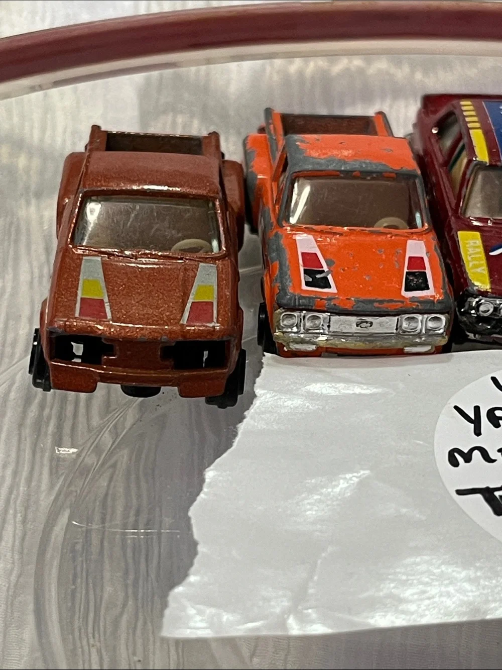 Set of 5 Vintage Toy Race Cars - Blue, Red, Orange, Brown, Silver